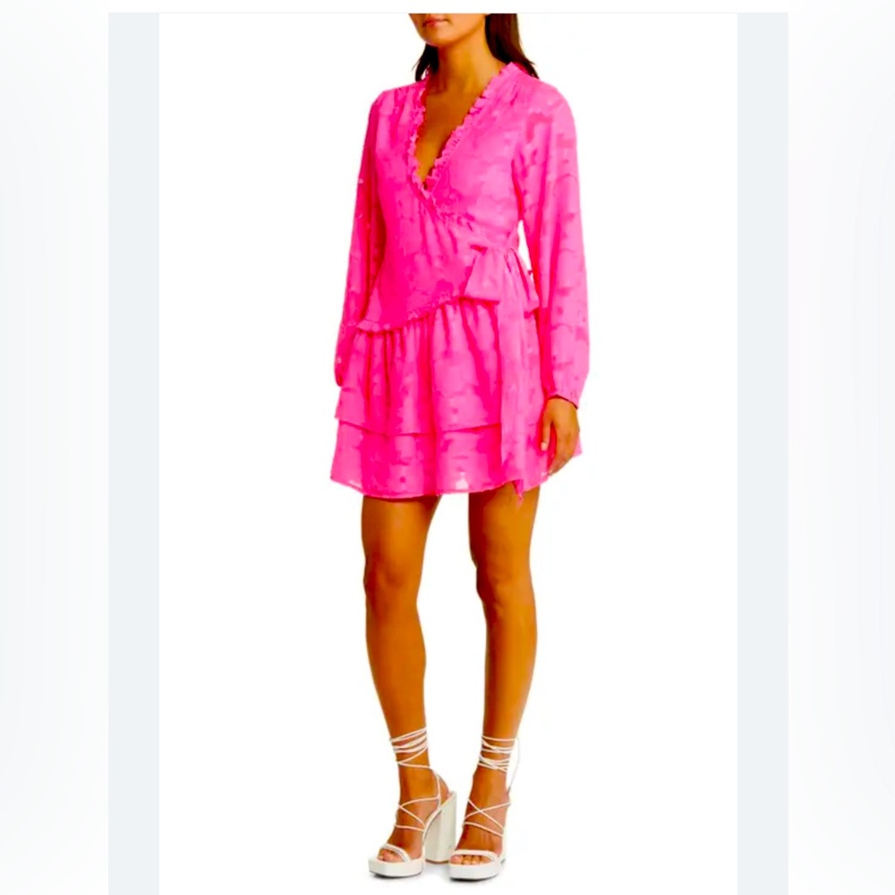 ASOS DESIGN wrap mini dress with pep hem in pink jacquard